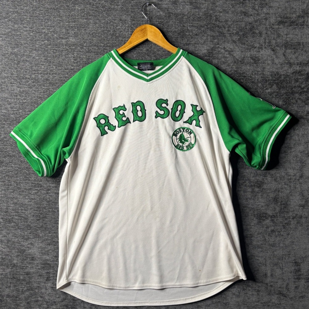Stitches Boston Red Sox Jersey Mens Large Green White Mesh MLB Baseball V-Neck